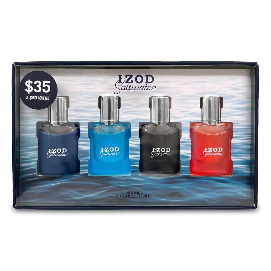 IZOD Saltwater Men's 4-Piece Replica Coffret, Coastline, Ocean Mist, Portside and Maritime, 4 x 0.5 fl oz EDT Spray
